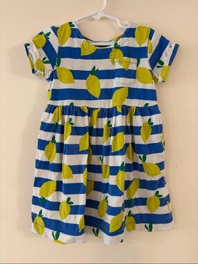 Mini Boden Blue & Yellow Lemon Stripe Dress- with pockets